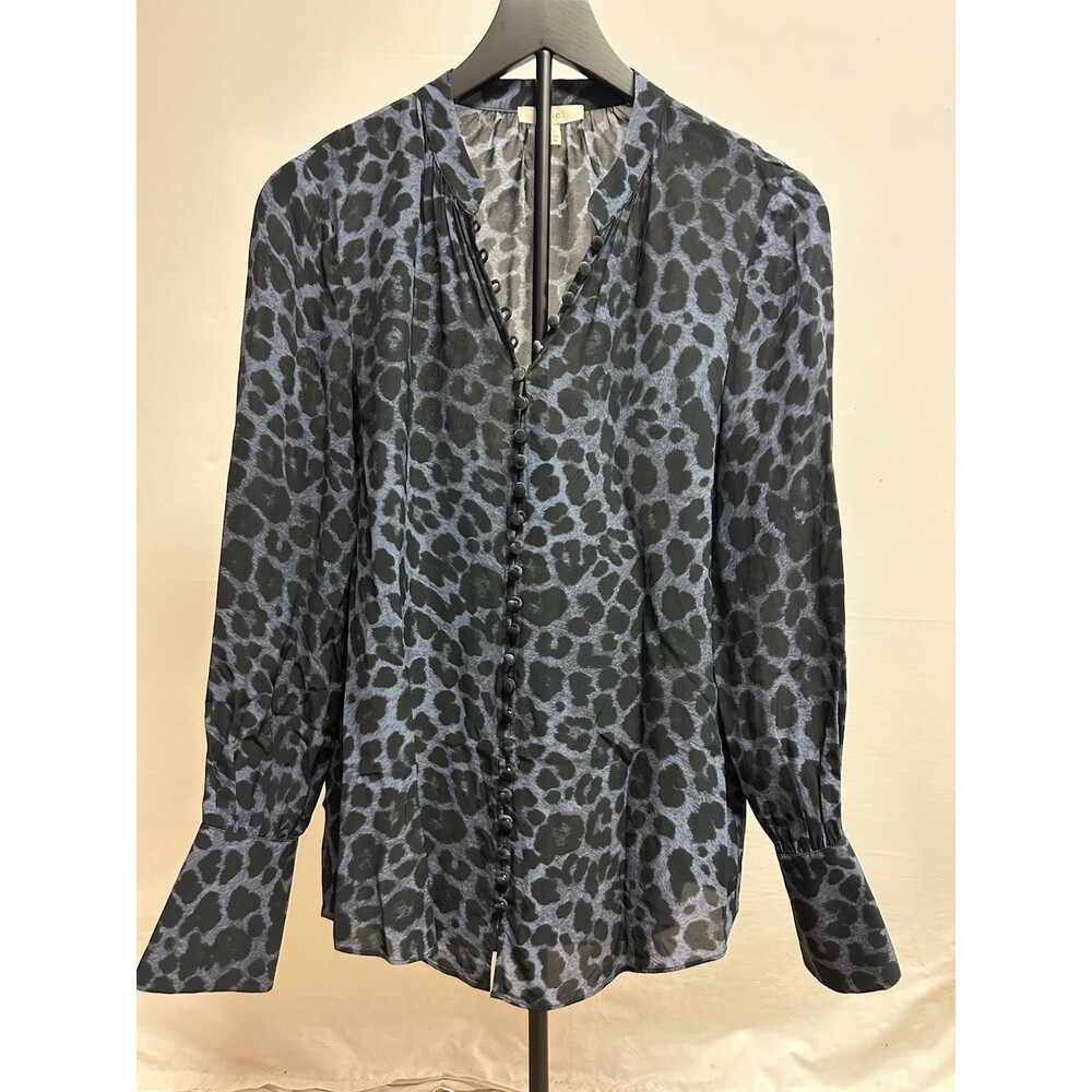 Joie Womens Sz XS Top Blue Black Leopard Print Button Up Long Sleeve